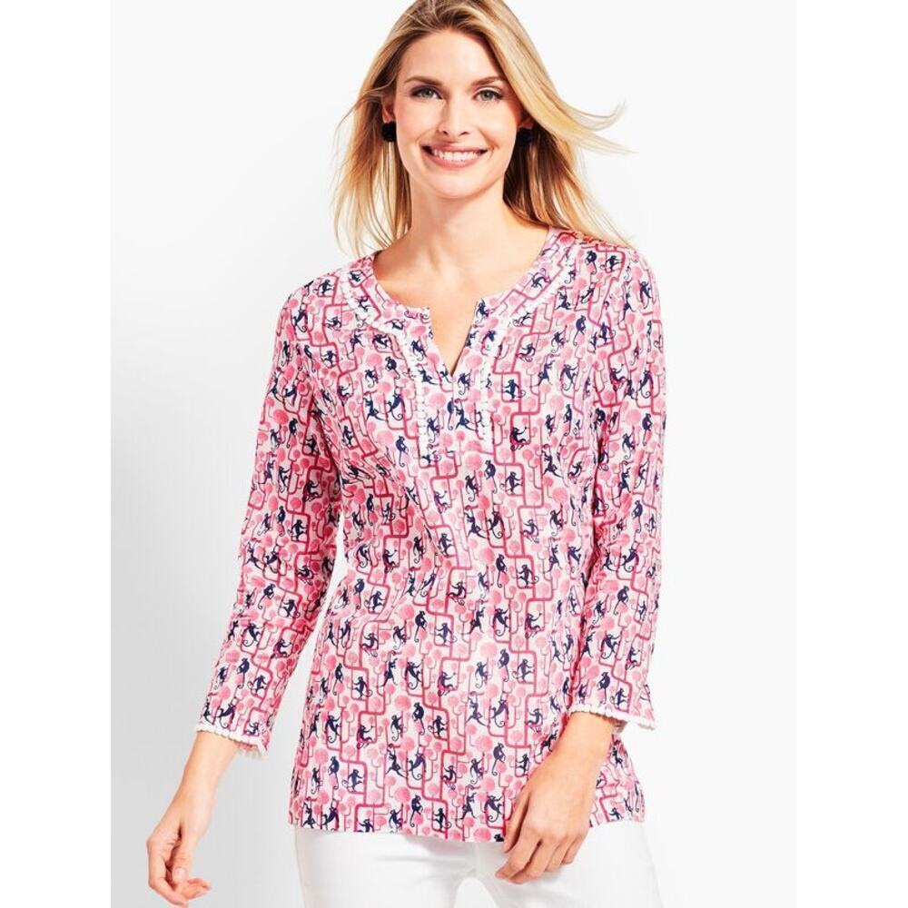 Talbots Women's Pink Blue V-Neck Monkey-Print Tunic Top Size Medium